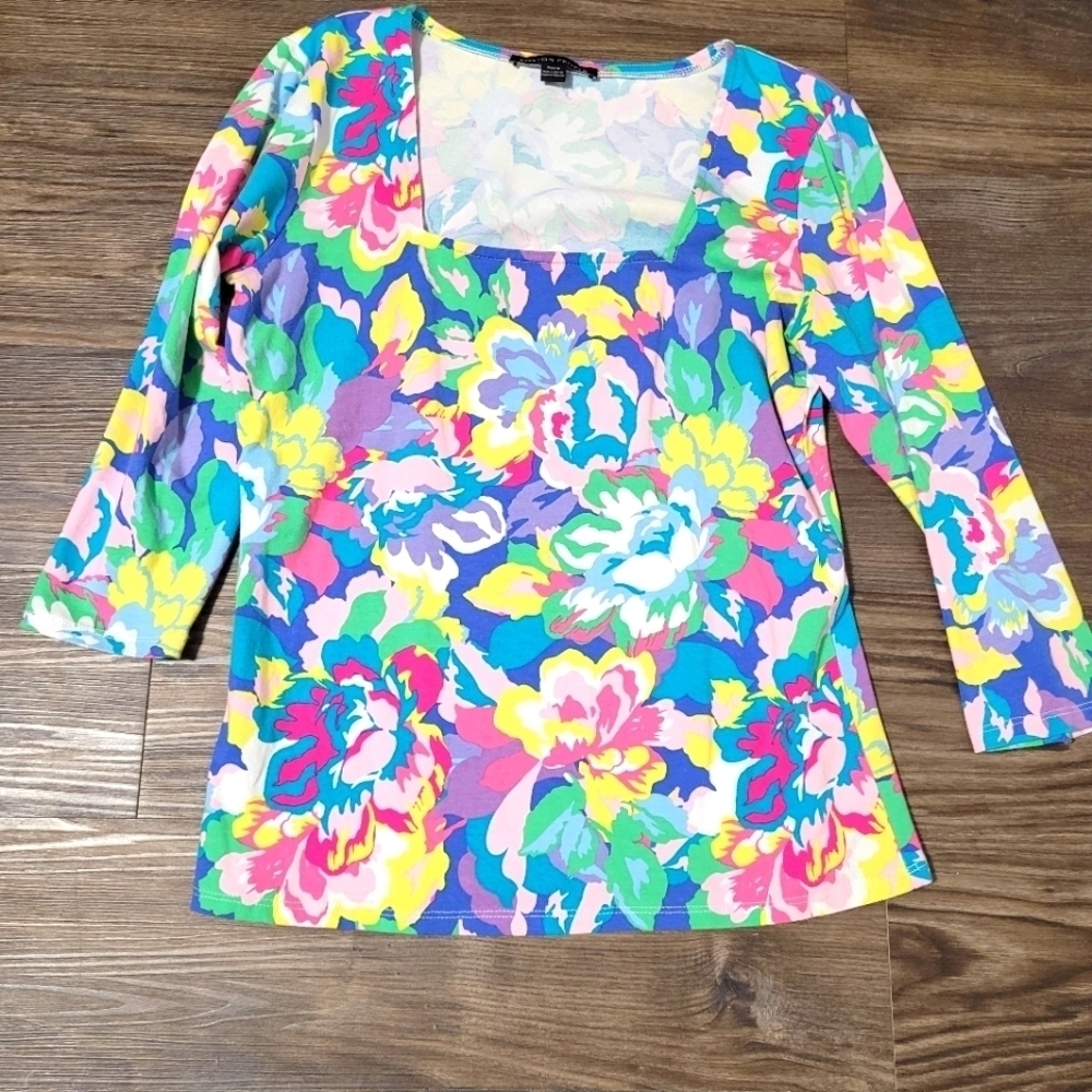 Boston Proper Womens Multicolor Floral 3/4 Sleeve Square Neck Top Size M